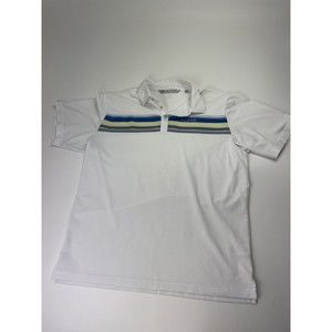 Travis Mathew White Polo Shirt with Blue and Green Stripes